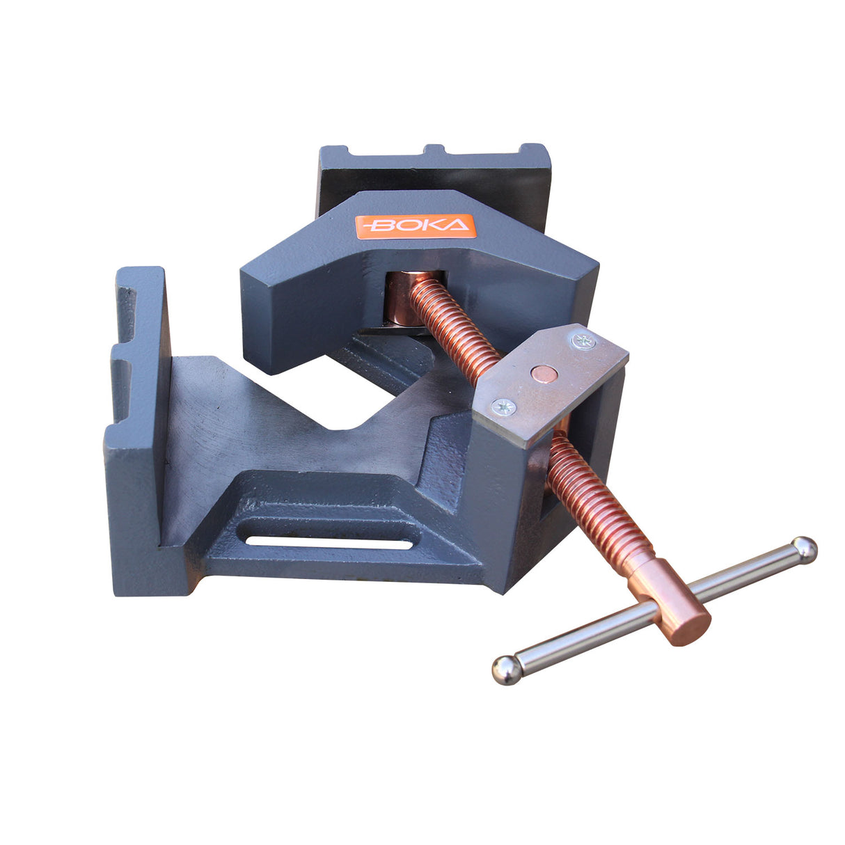 BOKA AC-60 cast iron 90-degree angle clamp, 60 mm clamping range, self-centering jaw, ergonomic handle, precise angle fixation for welding, wood & metalworking, model making, DIY