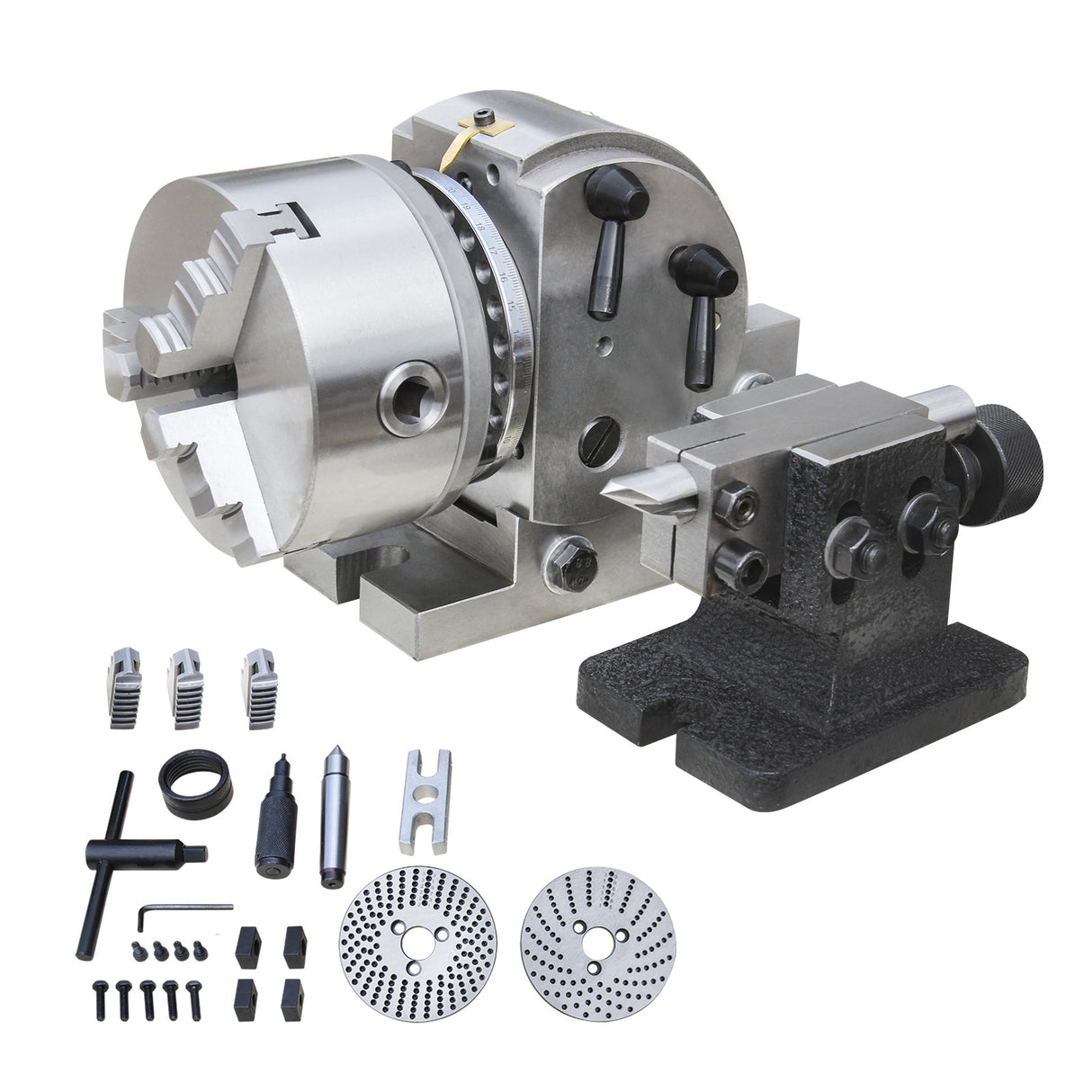 BOKA Semi-Universal Indexing Head Set BS-1 – with 150 mm indexing head, 150 mm chuck, tailstock, indexing wheels, and 3-jaw chuck – semi-universal milling set