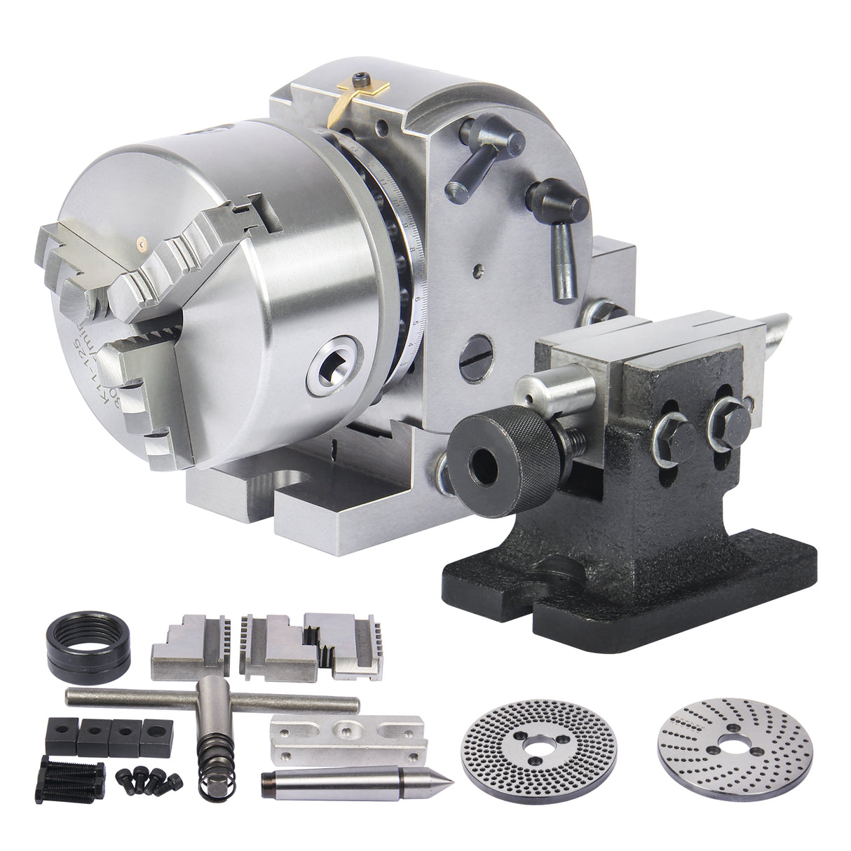 BOKA Semi-Universal Indexing Head Set BS-1 – with 150 mm indexing head, 150 mm chuck, tailstock, indexing wheels, and 3-jaw chuck – semi-universal milling set