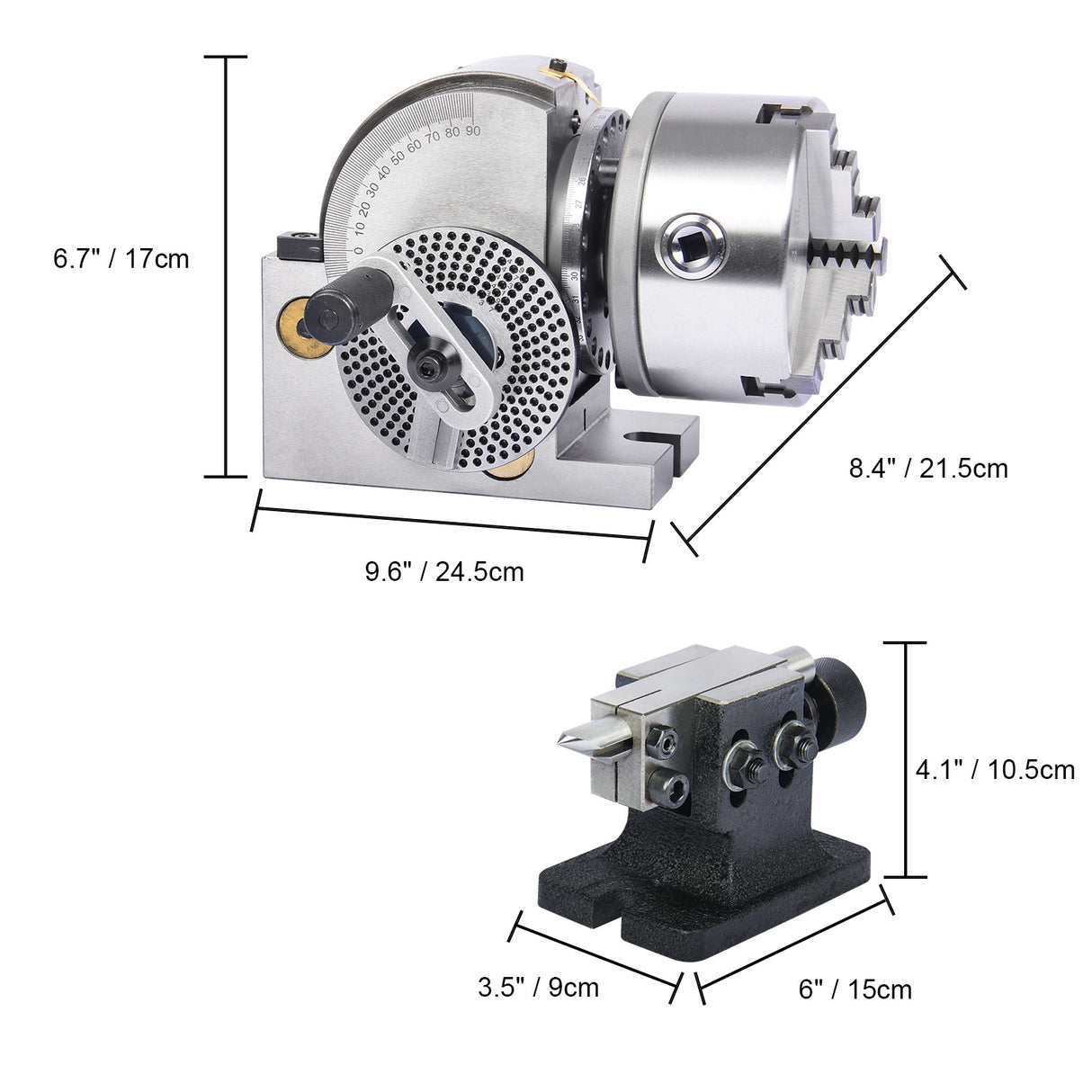 BOKA Semi-Universal Indexing Head Set BS-1 – with 150 mm indexing head, 150 mm chuck, tailstock, indexing wheels, and 3-jaw chuck – semi-universal milling set