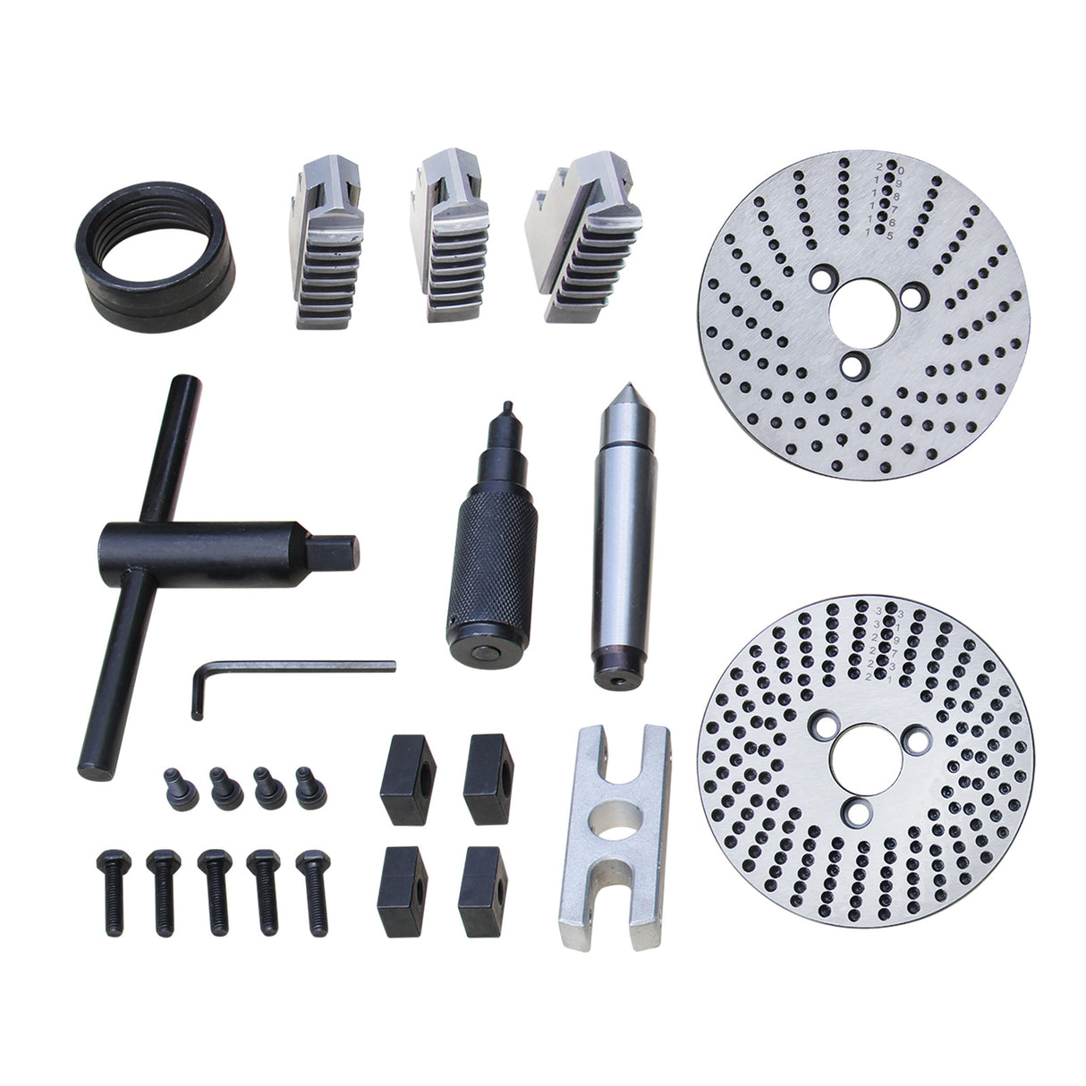 BOKA Semi-Universal Indexing Head Set BS-1 – with 150 mm indexing head, 150 mm chuck, tailstock, indexing wheels, and 3-jaw chuck – semi-universal milling set