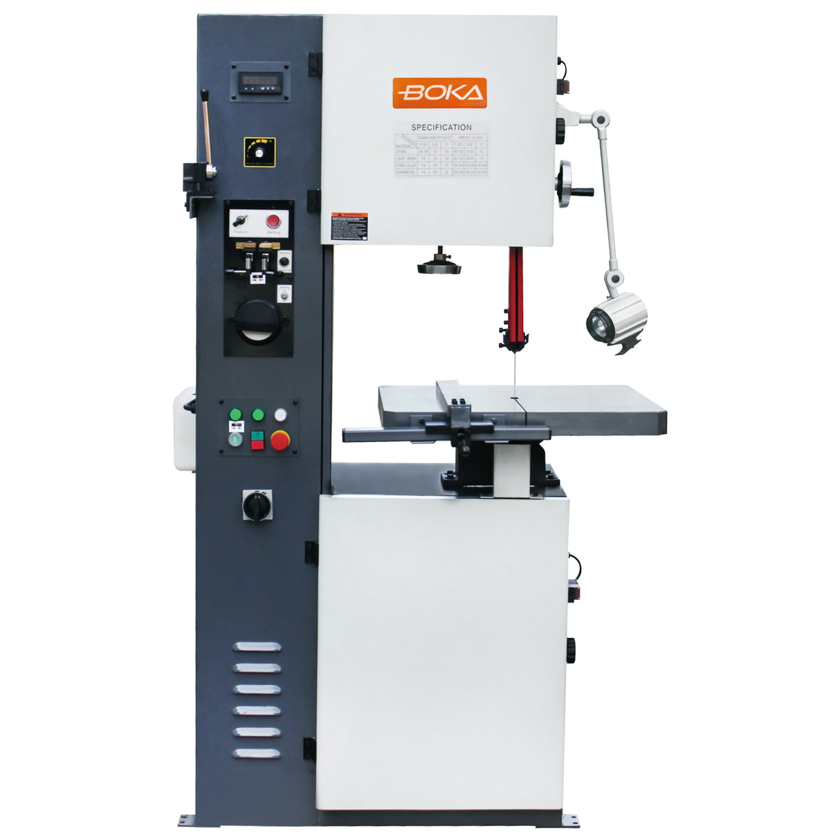 BOKA VS-300 Vertical Band Saw with 310 mm cutting width, 185 mm cutting height, digital display, adjustable table and saw blade repair tools