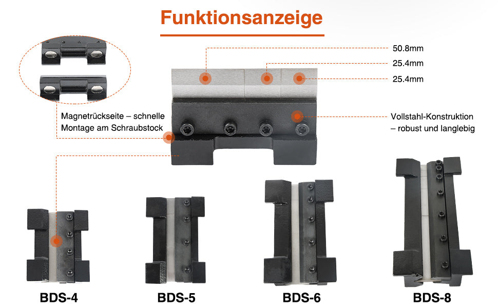 BOKA Biegevorrichtung für Schraubstock, 100–200 mm mit Segmentbiegefingern und Magnethalterung, Abkantbacken für präzises Blechbiegen bis 0–90°